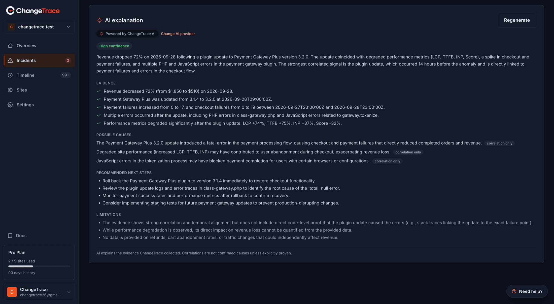A generated AI explanation with its confidence chip and evidence list