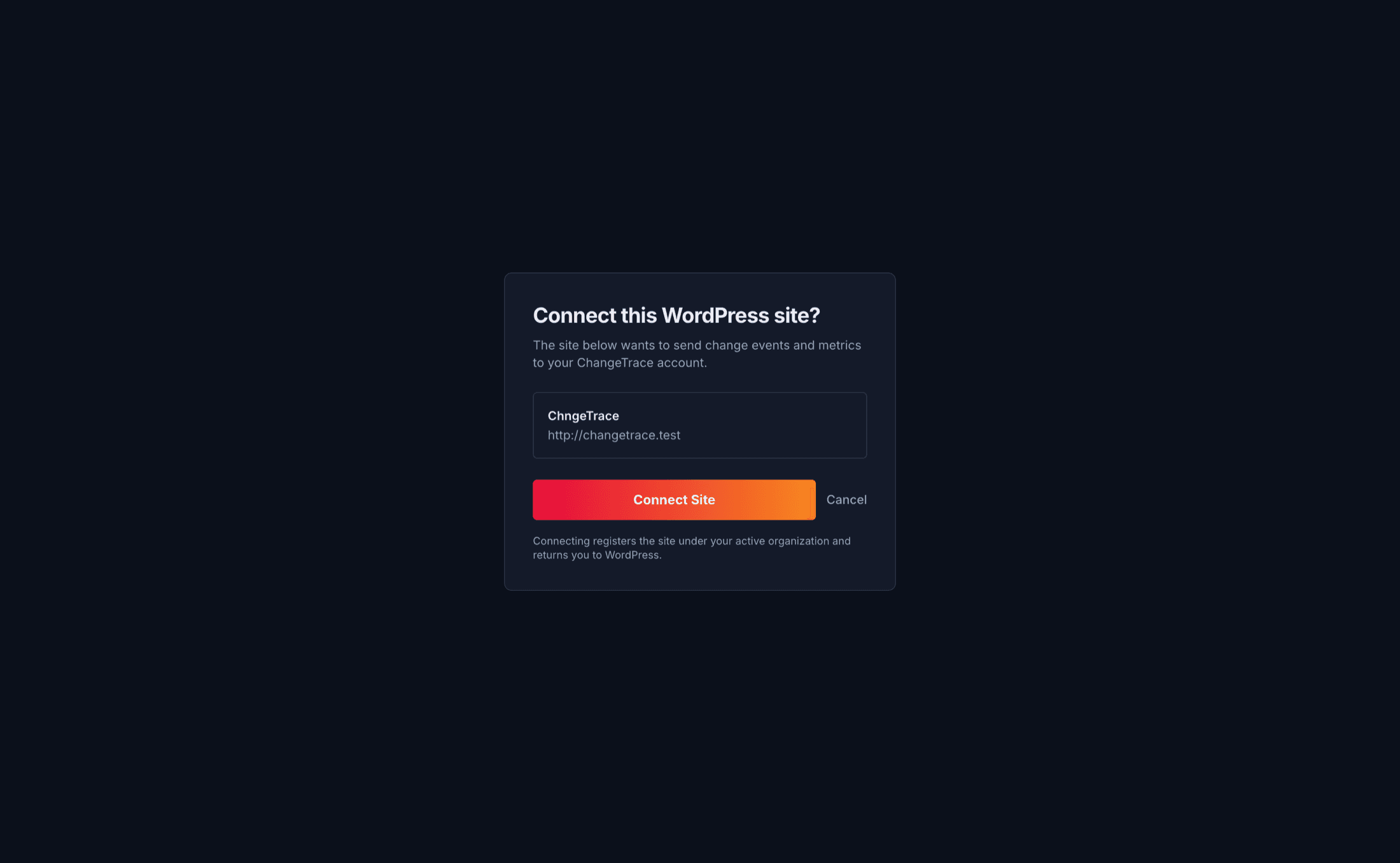 The connect approval screen showing the site name and URL
