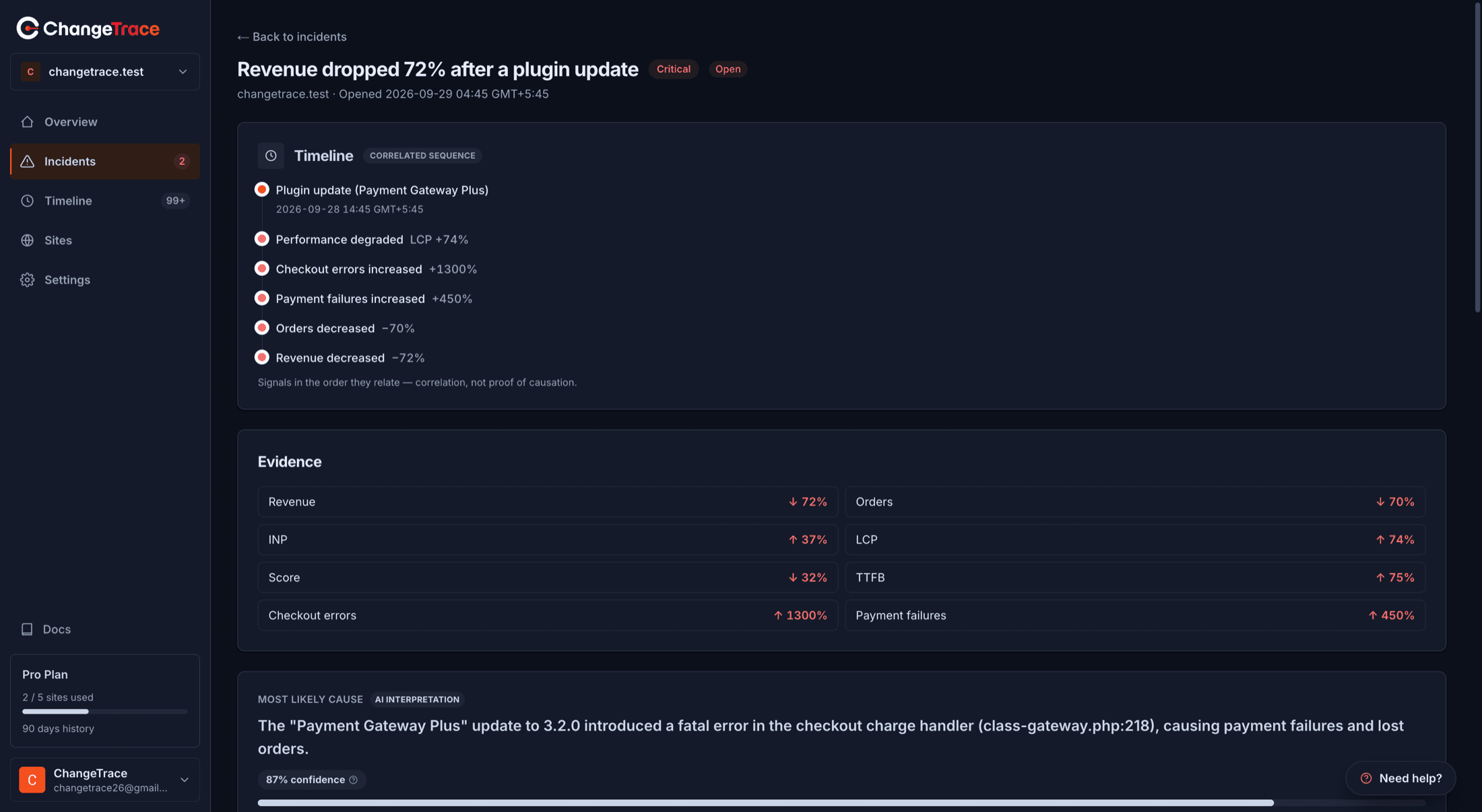 A full incident page showing correlated sequence, evidence and ranked causes