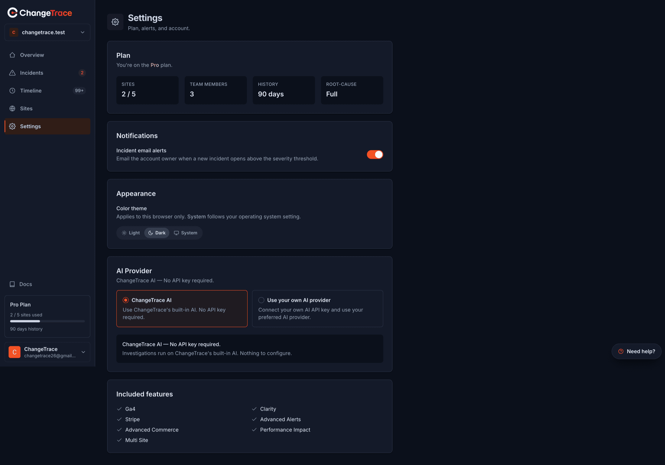 The Settings page showing plan, notifications, appearance, AI provider and included features