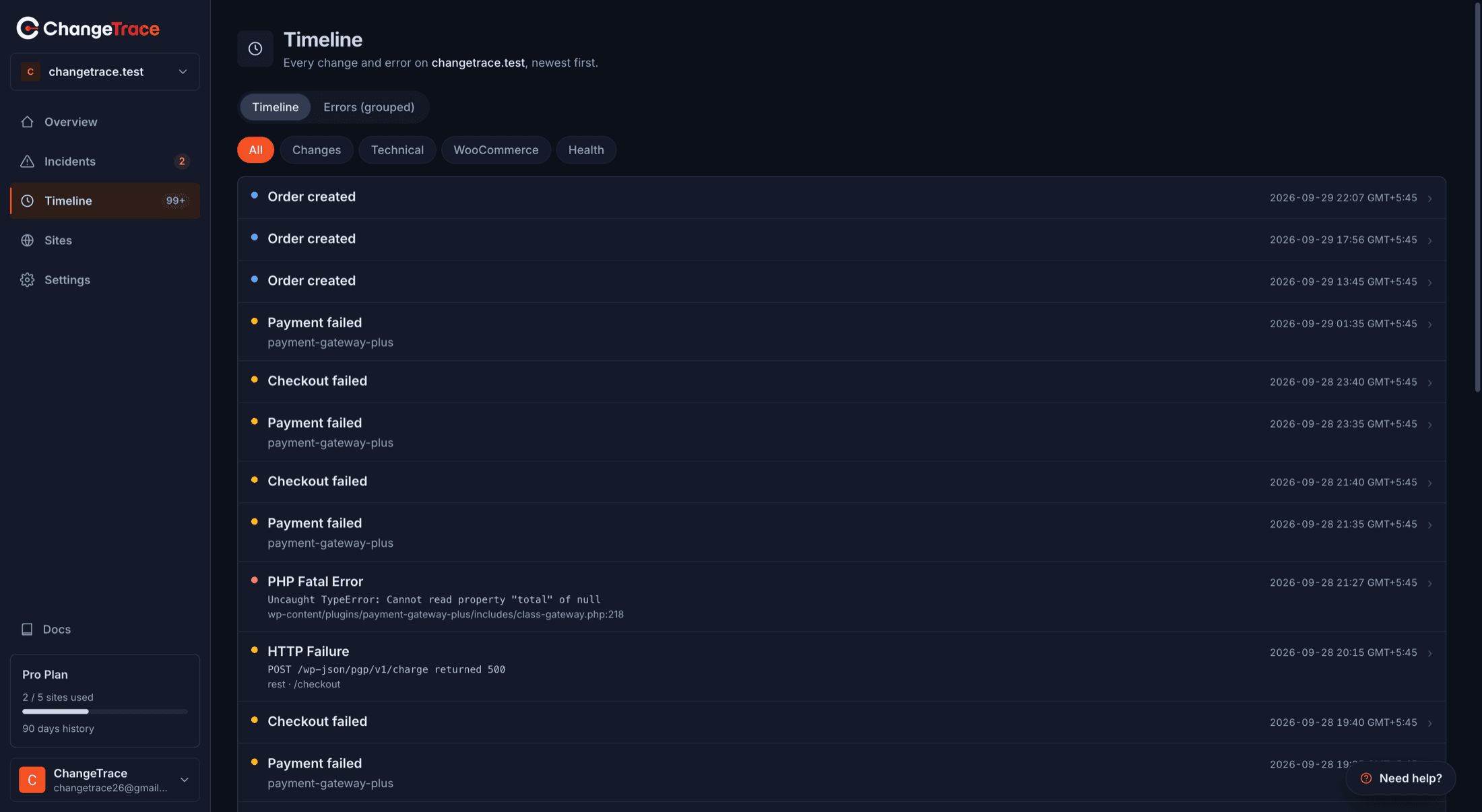 The Timeline with category filters and a list of change events