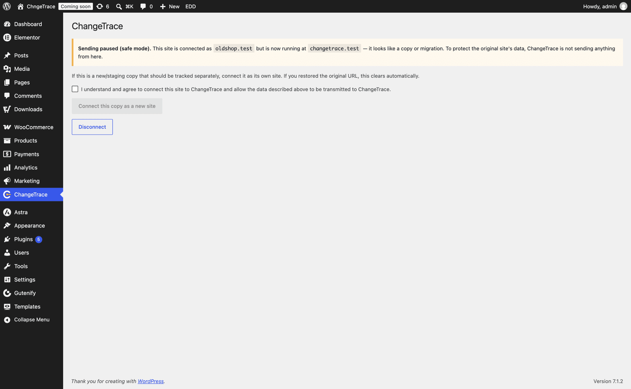 The ChangeTrace safe mode screen after a domain change