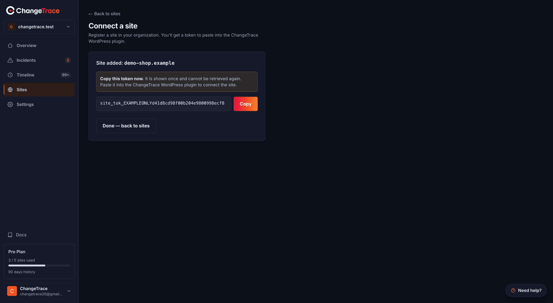 The one-time token reveal screen with its copy button