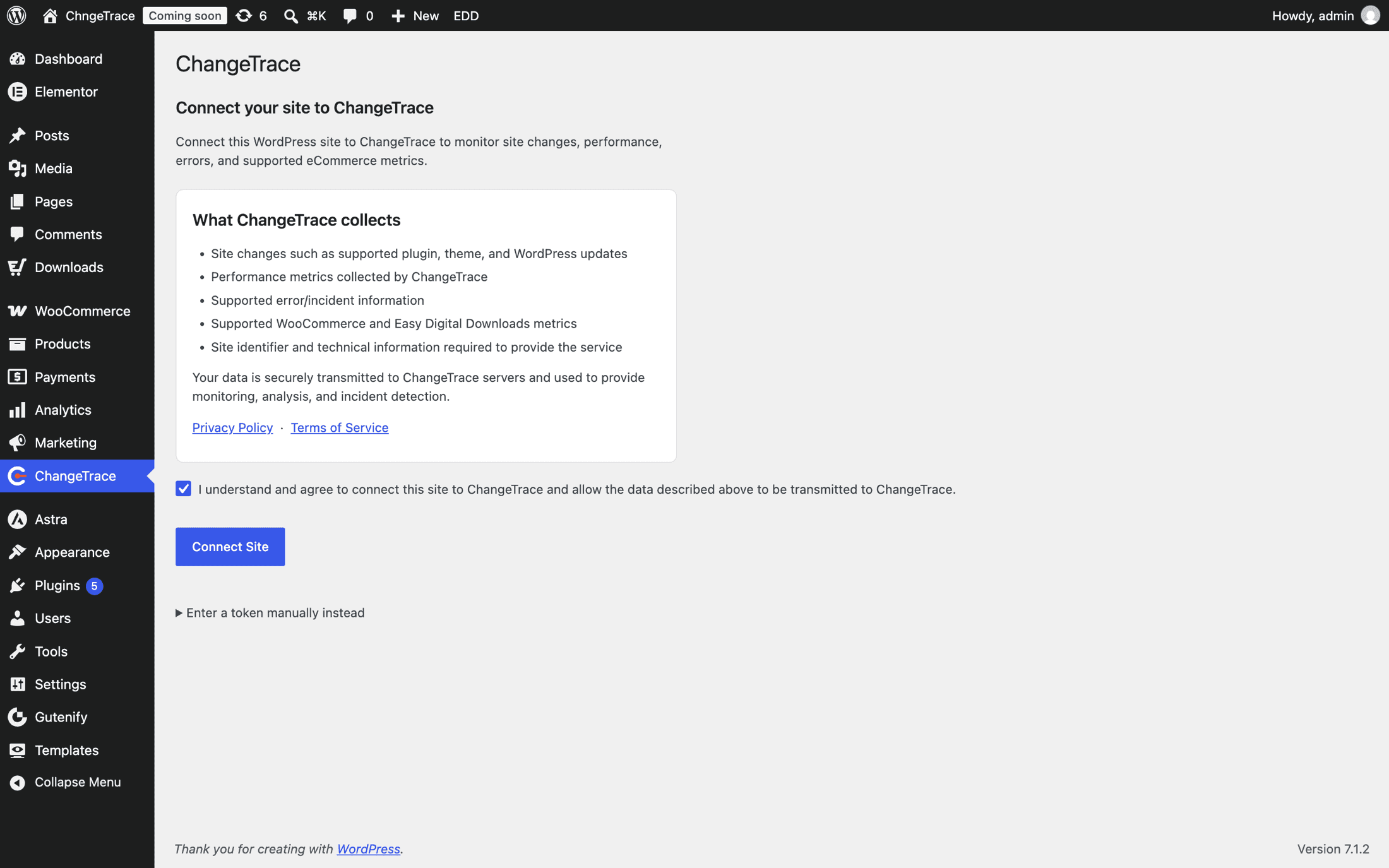 The ChangeTrace connect screen in WordPress, consent ticked