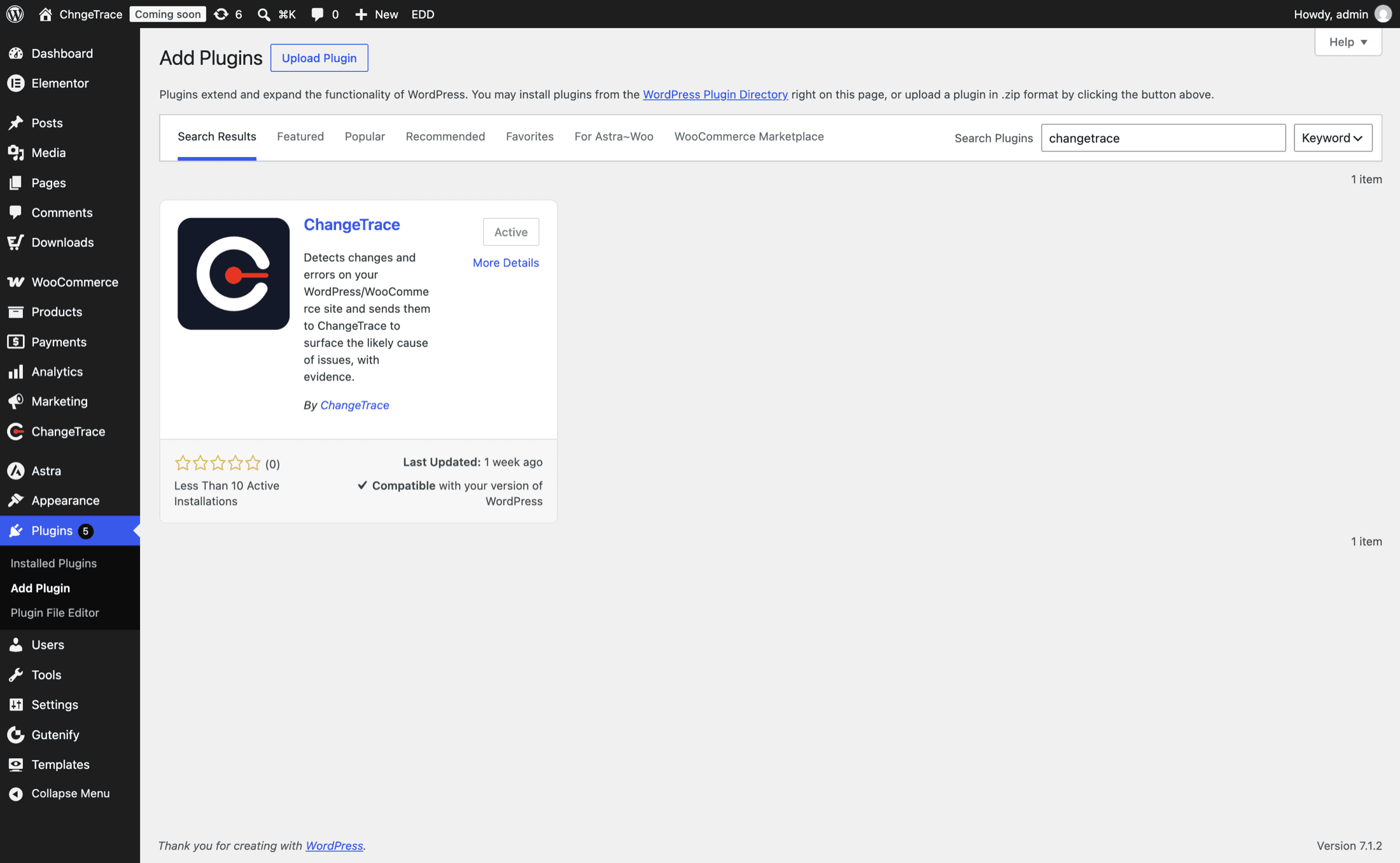 The WordPress Add Plugins screen with ChangeTrace in the results