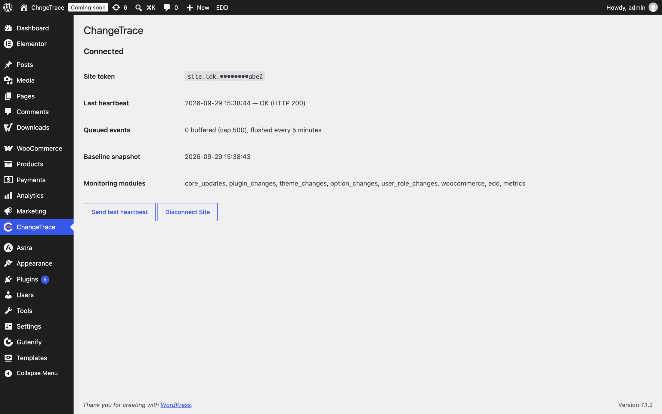 The ChangeTrace status table in WordPress after a successful connection